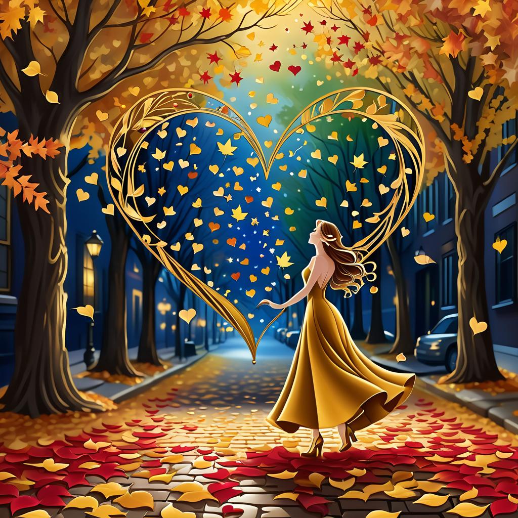  luxury product style on a carpet of yellow leaves in a simple dress of wind given crepe autumn danced a waltz boston in an alleyway. the warm day flew away and the saxophone sang hoarsely. (background of the card): falling autumn leaves, a whirlwind of autumn leaves, wind saxophone, a box of chocolates, the inscription "autumn waltz", a greeting card. (heart), a beautiful figure made of contours in the shape of a heart. (heart colour): night sky background, stars, gold pattern. (style):fantasy, autumn art, autumn romance. (colours):gold, green gold, navy blue, red, red gold, brown gold, silver, golden blue, bluish blue, dark blue on gold . elegant, sophisticated, high end, luxurious, professional, highly detailed