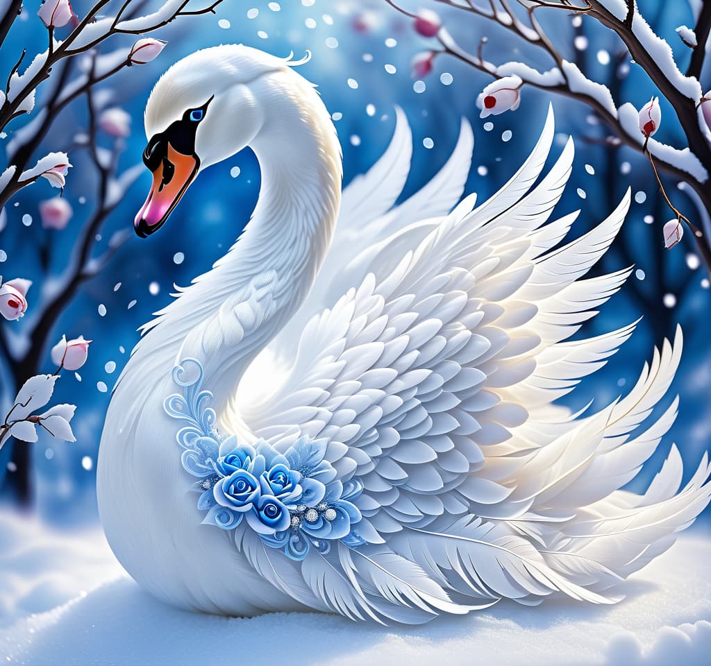  dreamscape (blue eyed) i've been jinxed (snow singer1,3) . ((snow swan)) ((the snow swan)) feathers at my feet. ( feathers flutterь. and slowly sink into the snow).(snow white swan):the head and torso are creamy white with a silvery tint. wings of white blue colour from snowflakes (roses): light blue colour with leaves from ice crystals. background: soft blue with delicate patterns of falling snow and whirlwind curls. . surreal, ethereal, dreamy, mysterious, fantasy, highly detailed, civitai, hkmagic