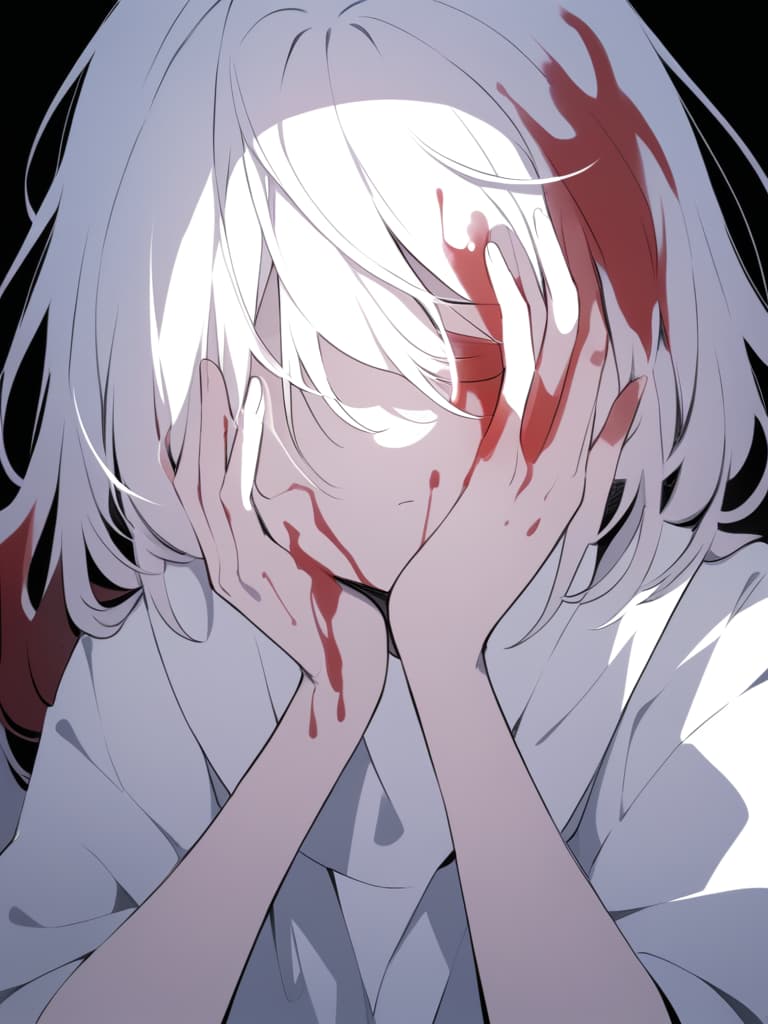  a close up of a young character with long,messy hair,looking down with a distressed expression. their hands are raised to their face,desperately trying to stop a heavy nosebleed. blood is streaming down from their nose,staining their hands and dripping onto their clothes. the character is hunched over slightly,their hair partly covering their eyes,casting a shadow over their face,adding to the dramatic tension.the color palette is muted with stark contrasts,emphasizing the redness of the blood. the background is abstract,fading into obscurity to keep the focus on the character's emotional struggle.