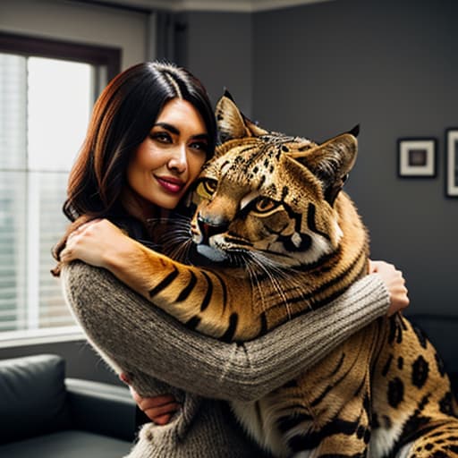  a big cat hugs a cute girl in the living room,pokemon hyperrealistic, full body, detailed clothing, highly detailed, cinematic lighting, stunningly beautiful, intricate, sharp focus, f/1. 8, 85mm, (centered image composition), (professionally color graded), ((bright soft diffused light)), volumetric fog, trending on instagram, trending on tumblr, HDR 4K, 8K