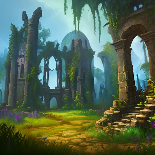  magical ruins of the middle ages, which are overgrown with magical plants, arcane style, borderlands style, telltale games style, oil painting, simple colors, low detail, vivid colors, defined lines, defined edges, digital art, cartoon look, cartoon style, sharp shadows, dark