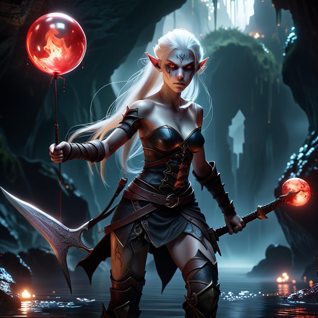  create a highly detailed image of a old half elf half dudemon with a side view. she has no clothes, medium sized s, white hair and white glowing eyes. in her right hand she holds a bloody sword, and in her left a balloon with water. the character is depicted in a combat stand, standing in full height in the frame. in the background of the image is a group of monsters (goblins, orcs and demons) who attack and try to reach a in an underground temple. please describe the image using the following elements: * image type: side view * object: female half elf half demon, * appearance description: middle , white hair, white glowing eyes, bloody sword in the right hand, water ball in the left hand * addit