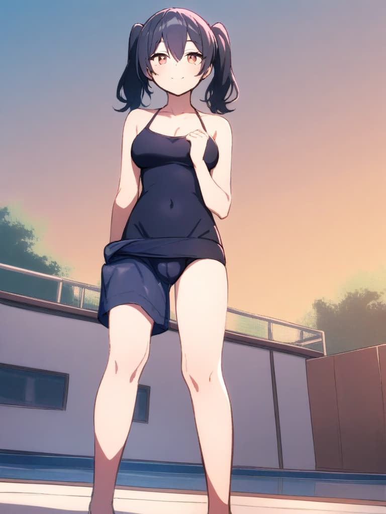  women's elementary students (male), twin tails, cute smiles, (rich s), short stature, dark blue swimwear, old swimwear, swimwear, simple, (upward), upward, (bulge), front, whole body, pool side ,,,