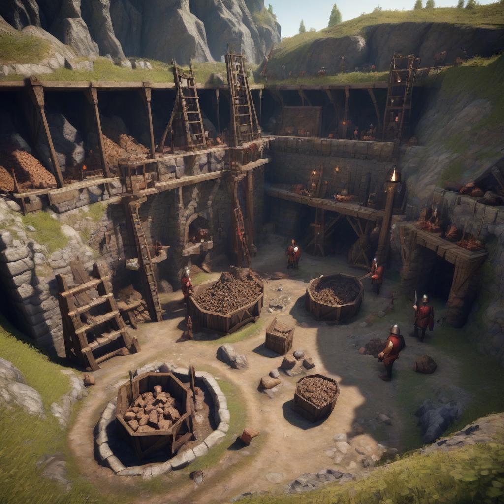  medieval mine with ore and pickaxes