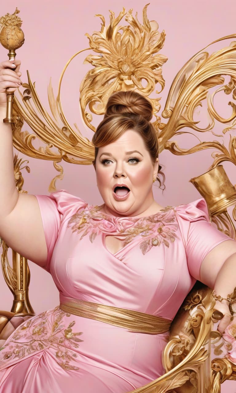  concept art pink, gold, black, white melissa mccarthy . digital artwork, illustrative, painterly, matte painting, highly detailed, perfect hands