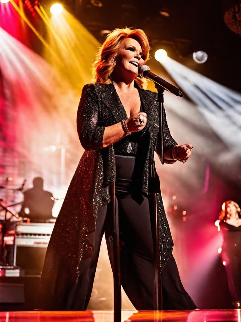  Country singer, Reba McIntyre, on stage, medium shot, upper body, spotlight, long exposure lighting, street art style spray paint, glamour lighting