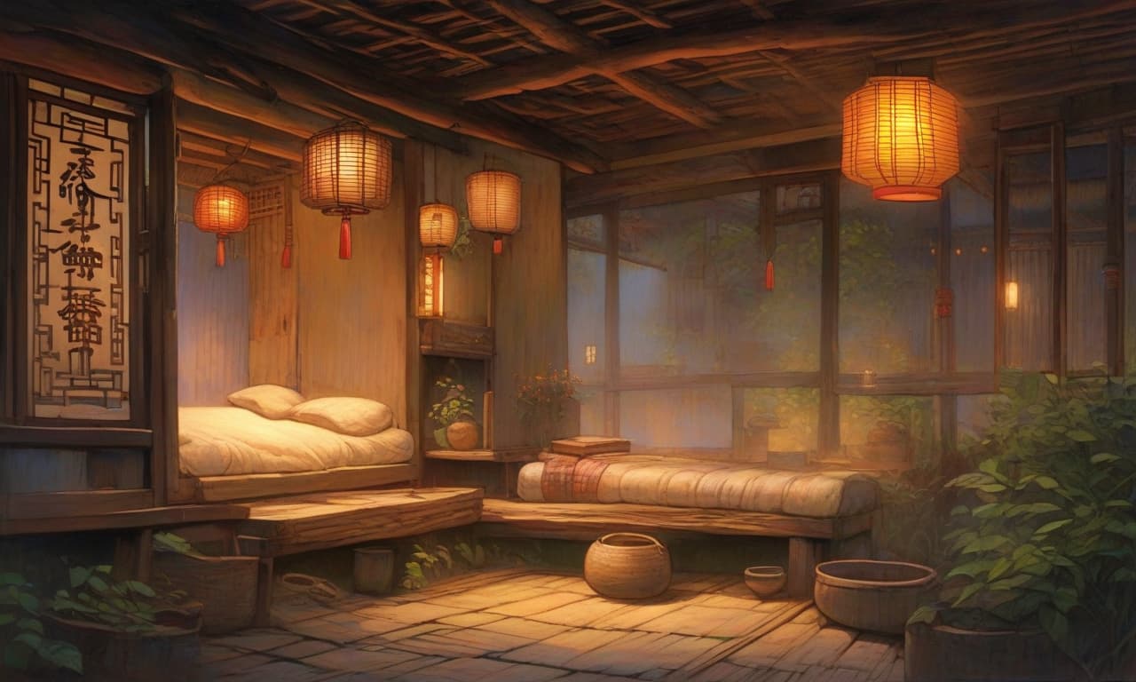  an ancient chinese moth house, before dawn, had a wooden mat and a small window into a little light. the people on the mat are still asleep with a relaxed look on their faces. the sky outside the window is bright and the night is fading, but the world is still in a state of discomfort and the sun is not yet fully rising。