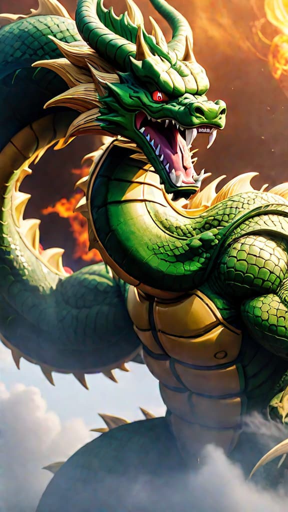  anime image: shenron from dragon ball z enforces the rule maintaining life and death balance. hyperrealistic, full body, detailed clothing, highly detailed, cinematic lighting, stunningly beautiful, intricate, sharp focus, f/1. 8, 85mm, (centered image composition), (professionally color graded), ((bright soft diffused light)), volumetric fog, trending on instagram, trending on tumblr, HDR 4K, 8K