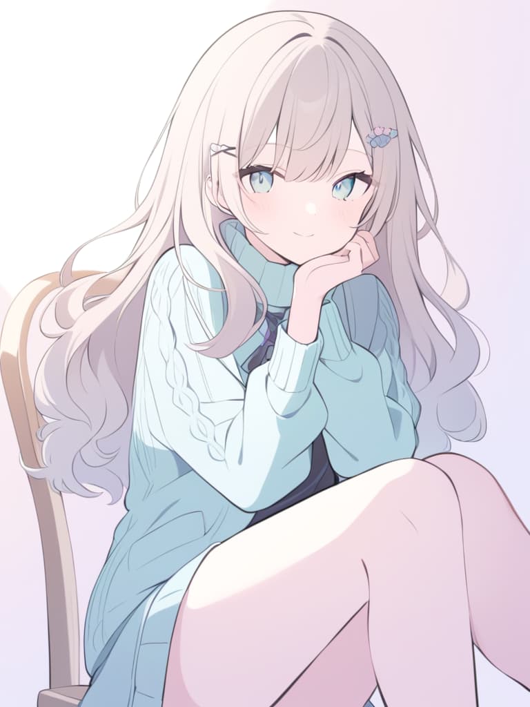  a cute wearing stockings is sitting on a chair with her legs crossed,gazing at the viewer with a gentle smile. she lightly rests her hand on her cheek.the background is soft,with pastel colors,giving off a warm and bright atmosphere. the is dressed in a and sweater,with a casual yet charming look. her long hair has loose waves,and she's adorned with accessories like ribbons or hairpins that add a touch of detail.