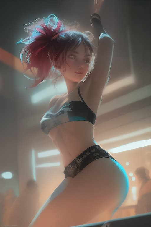  a climbing over a fence in a modern city during twilight, dressed in fashionable party clothes. her hair is styled in a trendy id or a sleek ponytail. in the background, neon signs and lights illuminate the way to a distant nightclub, where the beats of modern dance music can be felt. the scene is filled with energy, youth, and freedom. the style should resemble modern dance track covers: bright colors, high contrast shadows, and gradient effects to evoke a sense of motion and rhythm. sketch of a flat oil painting, watercolor, (extremely detailed oil painting:1.2), glow effects, godrays, hand drawn, render, 8k, octane render, cinema 4d, blender, dark, atmospheric 4k ultra detailed, cinematic sensual, sharp focus, humorous illu