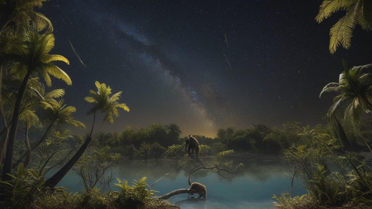  show me a picture of a beautiful forest with a pond with monkeys swinging in the trees from branch to branch trying to swing to beautiful bright yellow bananas that are glowing yellow in the night sky, with the sky showing stars and the glowing milky way galaxy, high quality, high details, hd, perfect composition, 4k epic detailed, highly detailed, sharp focus, high resolution