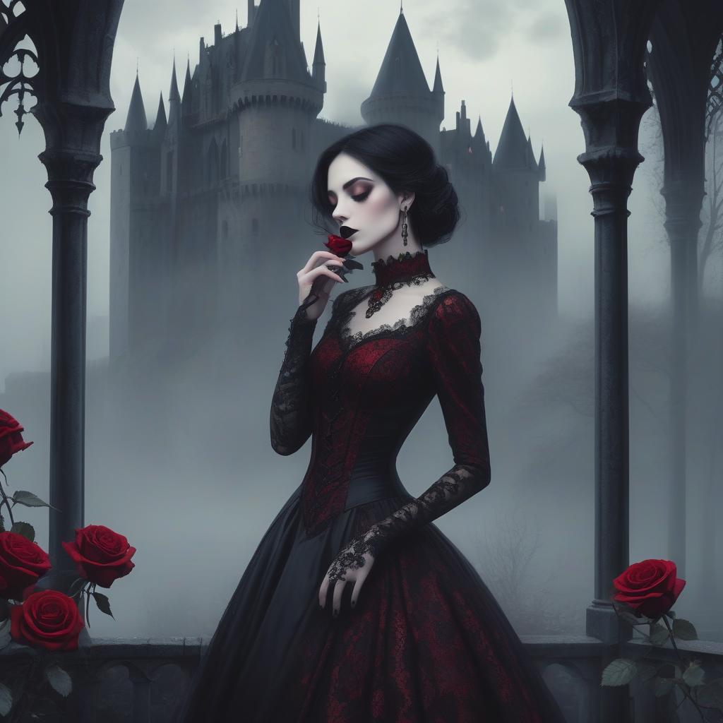  a gothic styled woman holds a rose to her nose against a misty castle backdrop, exuding mystery and elegance. a gothic woman with dark, styled hair leans in to touch a black rose with deep red accents, her eyes closed in contemplation. she wears intricate lace attire, complete with lavish earrings. the background features a misty, ethereal landscape with faint, shadowy castle silhouettes, enveloped in greenish hues, enhancing the mysterious atmosphere.