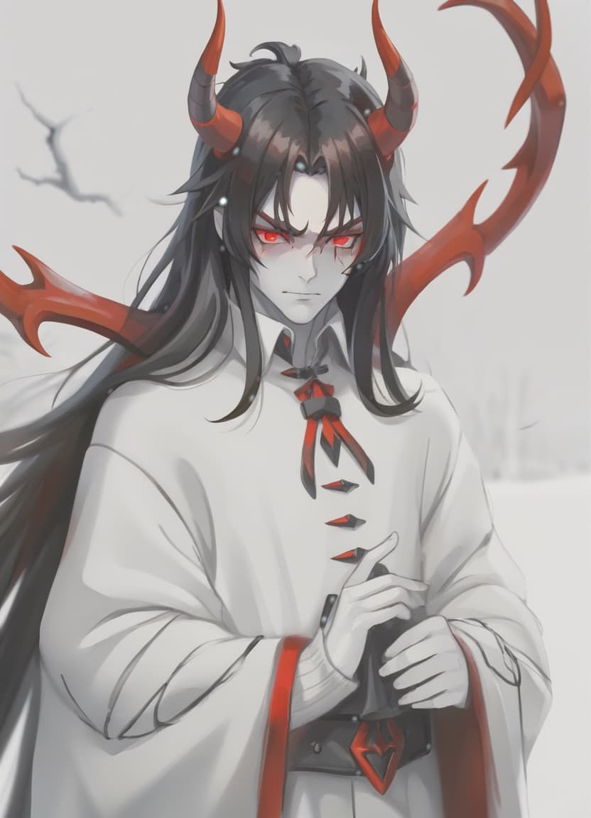  tilt shift photo of man demon, red horns, red eyes, black long hair, winter clothes . selective focus, miniature effect, blurred background, highly detailed, vibrant, perspective control