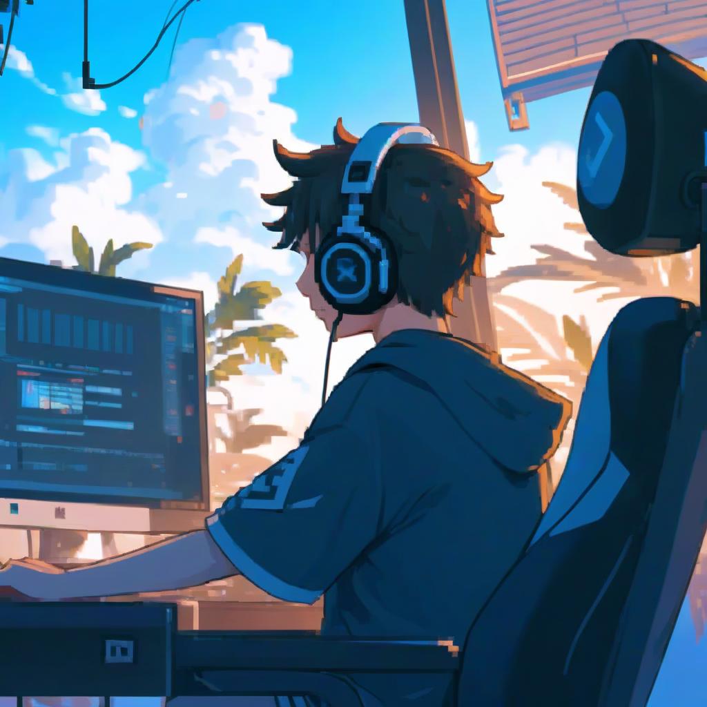  a person sitting in front of a computer with headphones on, pixiv contest winner, digital art, 4k vertical wallpaper, discord profile picture, breezy background, hero 2 d fanart artsation