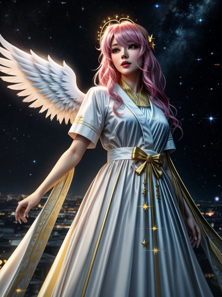  anime coloring, anime style, 1 girl, white robe, angel, angel wings, golden halo, dark background, upper body, looking at the audience, arms behind, blue theme, stars, starry night hyperrealistic, full body, detailed clothing, highly detailed, cinematic lighting, stunningly beautiful, intricate, sharp focus, f/1. 8, 85mm, (centered image composition), (professionally color graded), ((bright soft diffused light)), volumetric fog, trending on instagram, trending on tumblr, HDR 4K, 8K