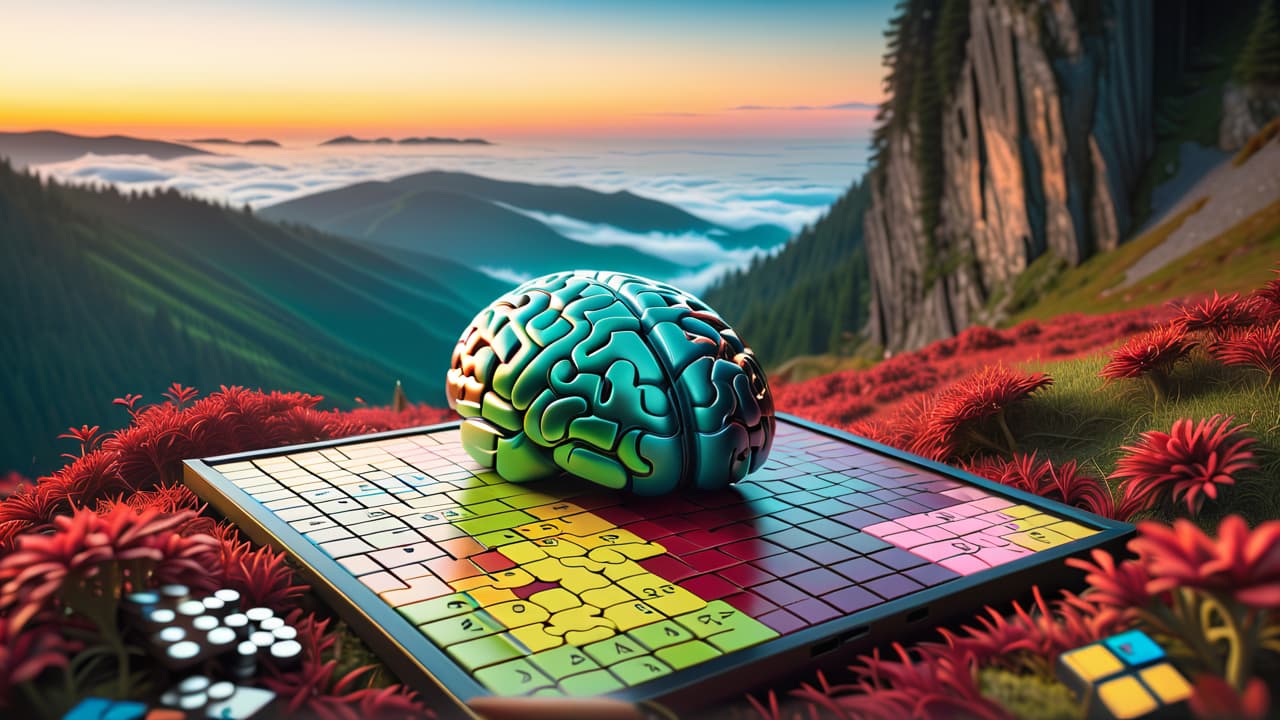  a vibrant collage of various brain teasers: intricate jigsaw puzzles, colorful sudoku grids, challenging crossword puzzles, and 3d brain games, set against a backdrop of a glowing brain, symbolizing mental engagement and stimulation. hyperrealistic, full body, detailed clothing, highly detailed, cinematic lighting, stunningly beautiful, intricate, sharp focus, f/1. 8, 85mm, (centered image composition), (professionally color graded), ((bright soft diffused light)), volumetric fog, trending on instagram, trending on tumblr, HDR 4K, 8K