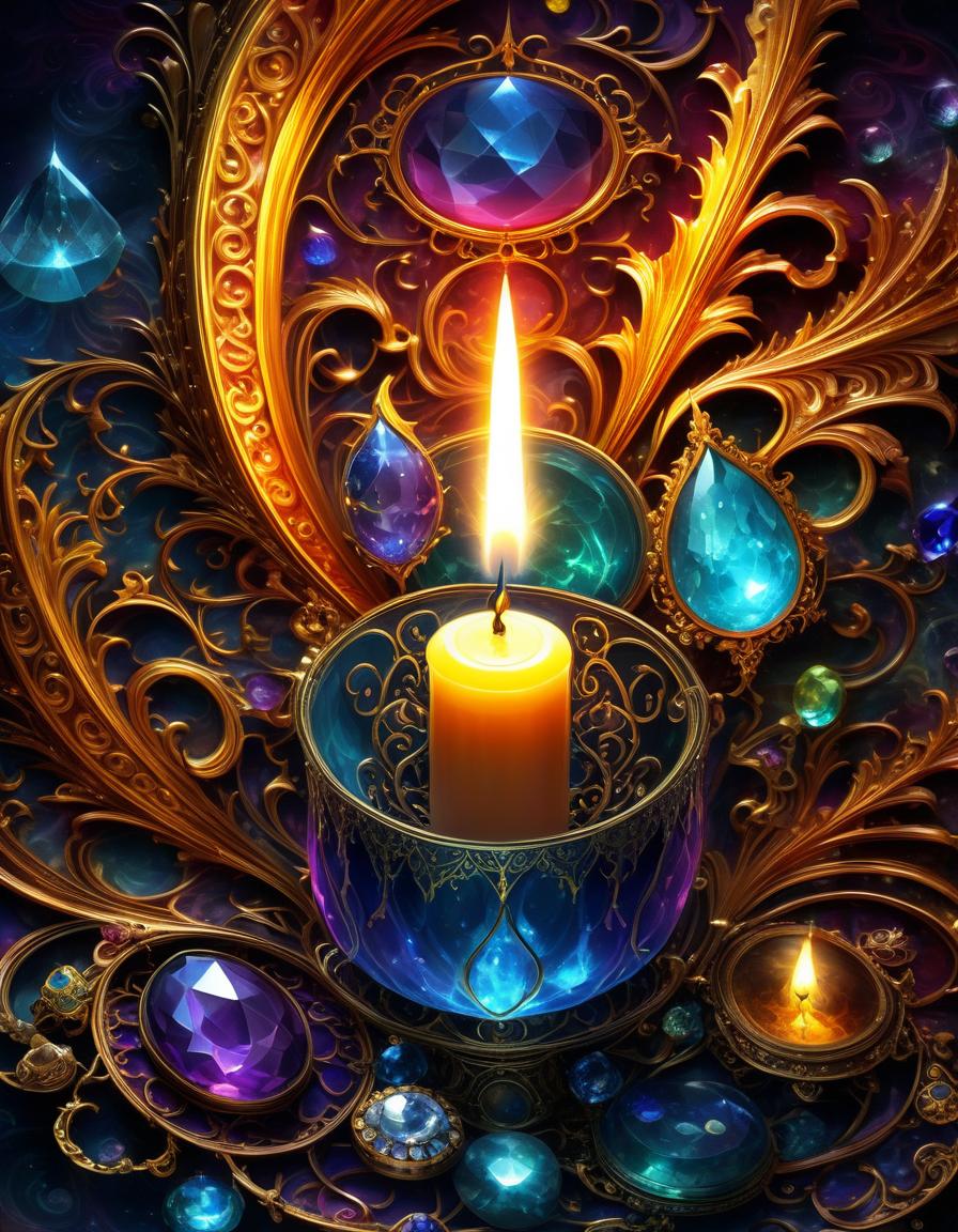  (masterpiece:1.8)digital image. ethereal fantasy concept art of a mystical candle with dripping drops of wax turning into an unusual ornamental pattern and (gemstones) . with unrealistic mystical fire. candle fire:: neon lines and patterns. a nimbus of fine golden threads of glowing light. a magnificent, painterly, mysterious, magical, fantasy composition. hyper detailed and complex, elegant. vivid colours, ornate, dynamic, fantasy design, exciting visuals, realistic materials, otherworldly atmosphere, engaging narrative. stylistics: fantasy, fairy tale, neorococo, intricate zentangle patterns. intricacy. in the manner of fragonard, klimt, tatiana suarez, alphonse mucha. high quality and detail. hdr. 4k