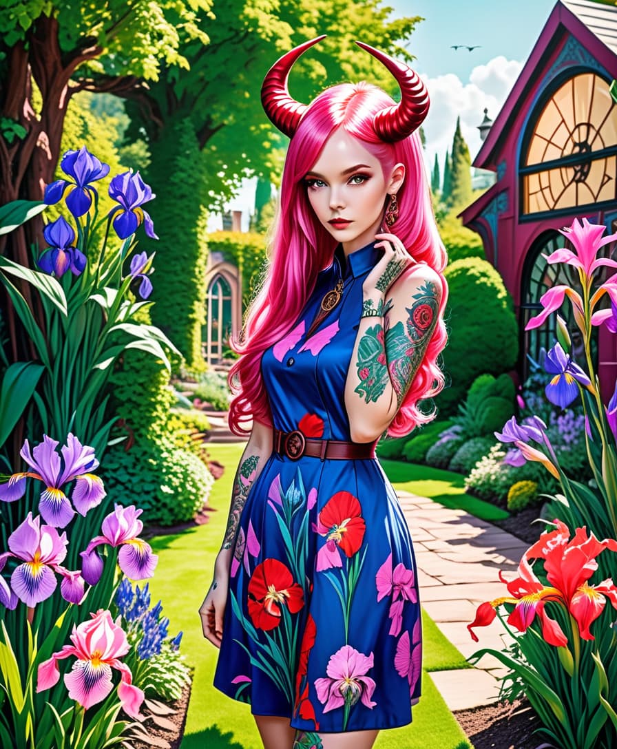  pop art style girl tifling, pink long hair, red unrealistic skin, stands in the garden, horns on the head, perfect skin, fine facial features, pink iris, summer dress, tattoos, piercing in the ears, slender legs, wavy , realistic light, show with feet, 8k,hdr,steampunk style, masterpiece, hyperrealisme, extreme detalied, . bright colors, bold outlines, popular culture themes, ironic or kitsch, perfecteyes