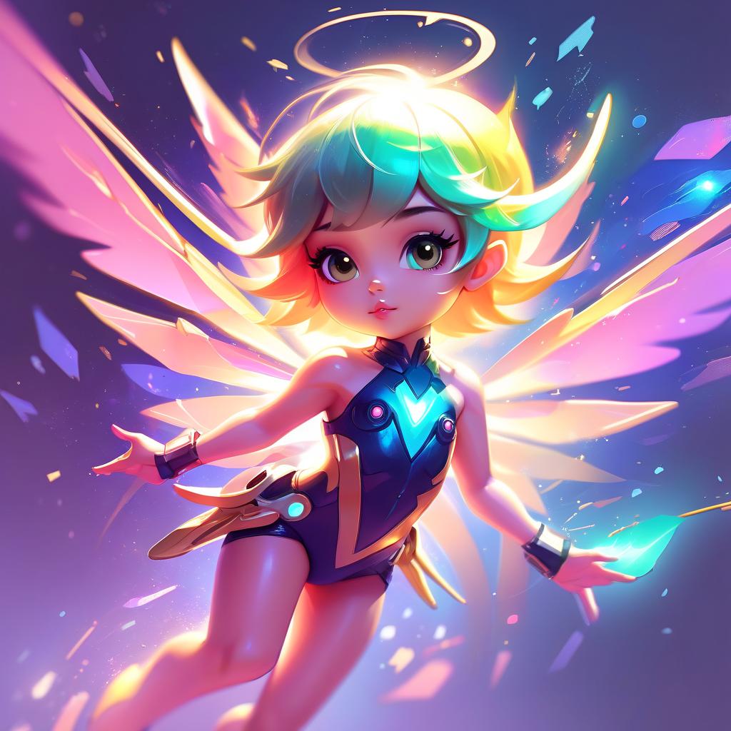  (art by style of ross tran:1.2): flying little pixie with wings. sci fi abstract art, multicolore,