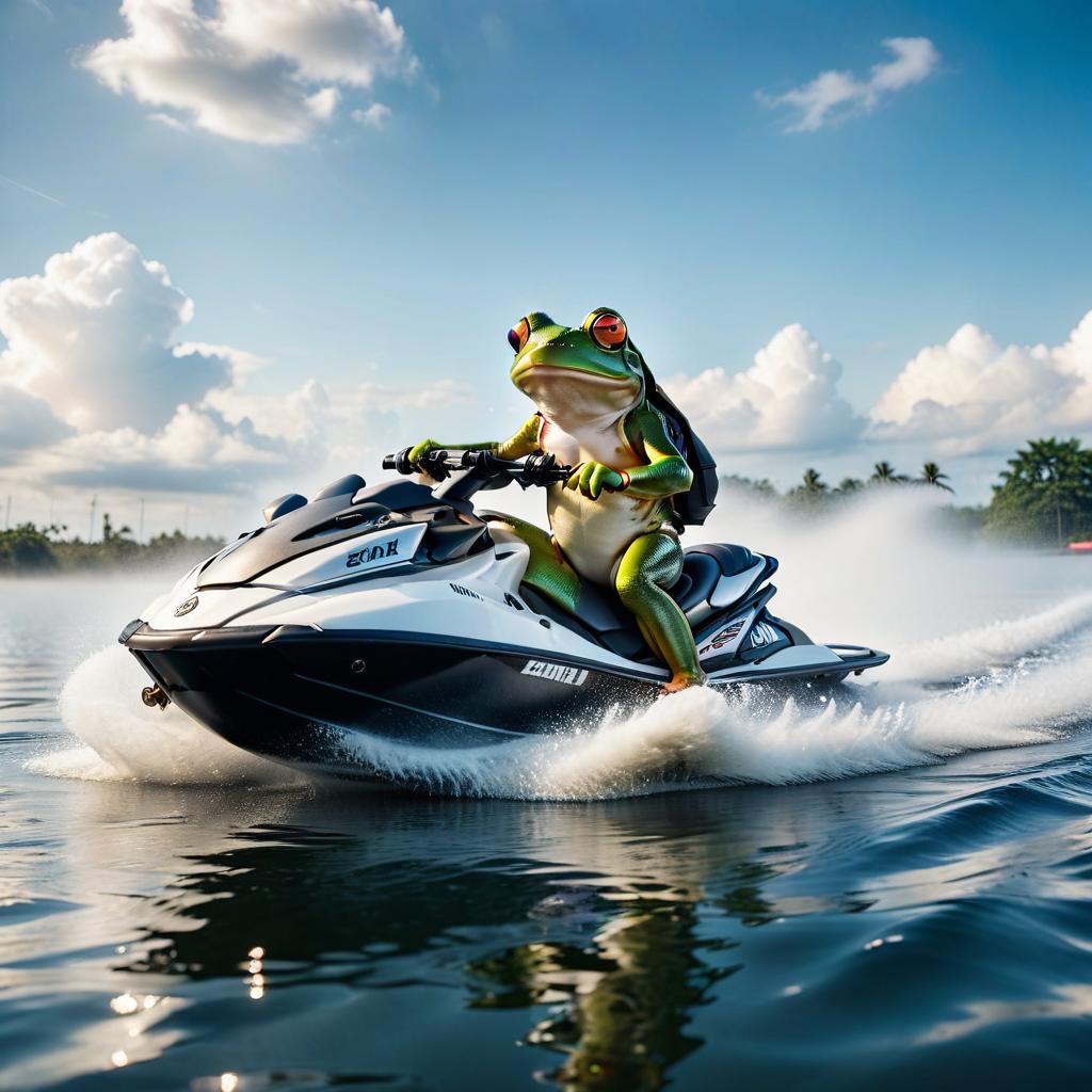  cinematic photo frog races on jet ski through clouds of spray . 35mm photograph, film, bokeh, professional, 4k, highly detailed, civitai, on parchment