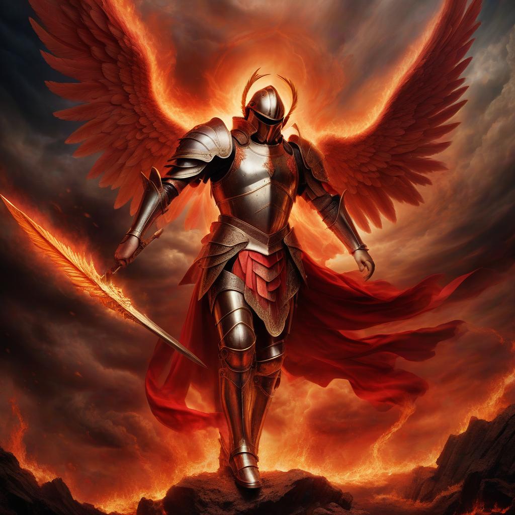  angels are men in armor with wings, many, each with a spear in his hand, fighting in the fiery heavens, red lightning.