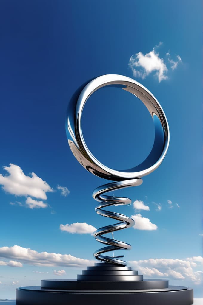  abstract chrome steel sculpture made of three sweeping curved steel tubes, floating in front of a blue sky with few clouds, (tattoo:1.15), black and white style, hq, hightly detailed, 4k