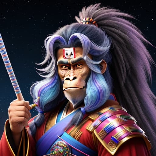  ((Wizard samurai handsome hippie gorilla hair styles with stick in 4K 3DHer eyes are marbles and her is shiny glass. 3D 4K uhd Realistic marblelight shine light spread art glass parts on sky)))