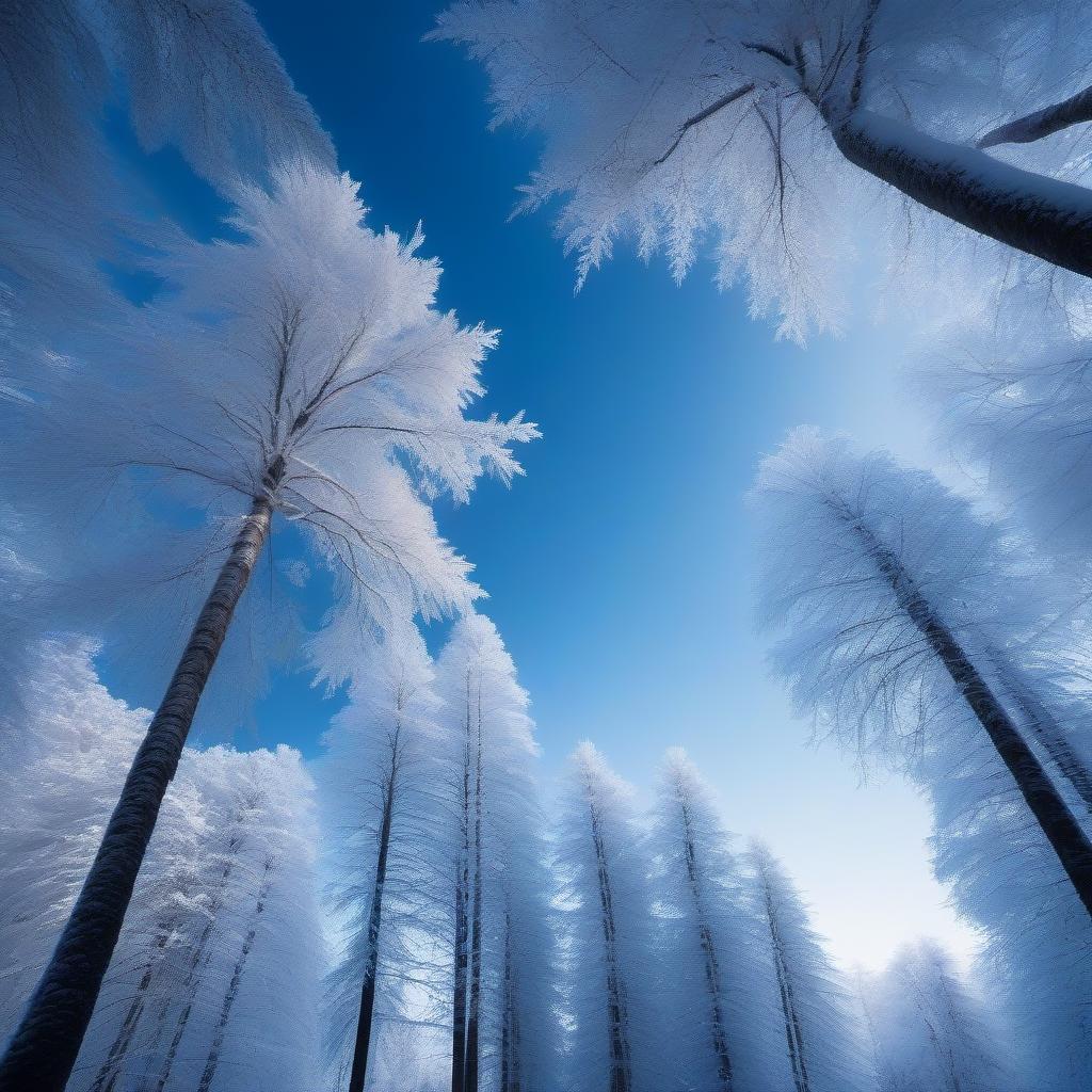  magnificent frozen forest with knotted trees and dark blue sky