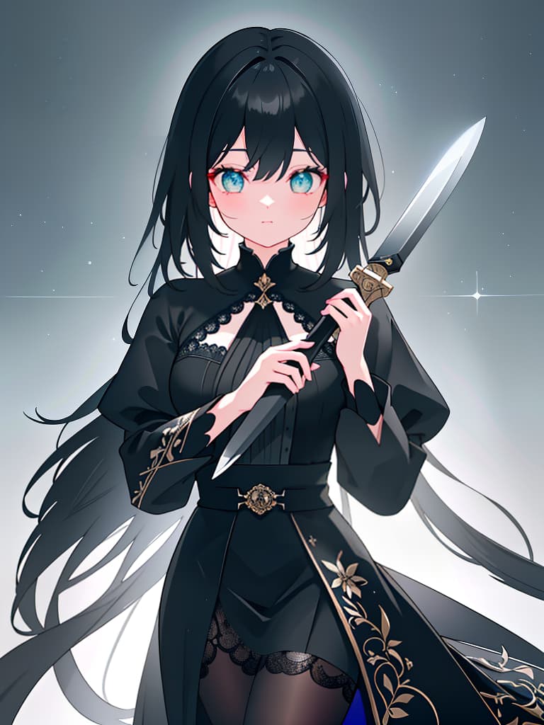  black hair girl with a knife, masterpiece, best quality,8k,ultra detailed,high resolution,an extremely delicate and beautiful,hyper detail hyperrealistic, full body, detailed clothing, highly detailed, cinematic lighting, stunningly beautiful, intricate, sharp focus, f/1. 8, 85mm, (centered image composition), (professionally color graded), ((bright soft diffused light)), volumetric fog, trending on instagram, trending on tumblr, HDR 4K, 8K