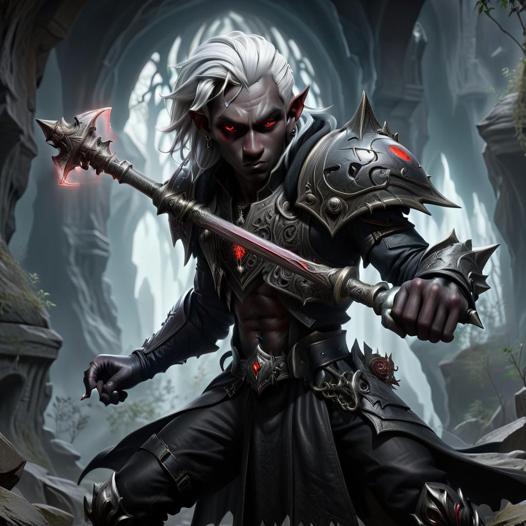  gothic style drow male elf cleric, graphite color skin, red eyes, silver medium haircut, black leather jacket, iron battle mace, traveler shoulder bag, dark cave temple . dark, mysterious, haunting, dramatic, ornate, detailed, civitai, perfect hands