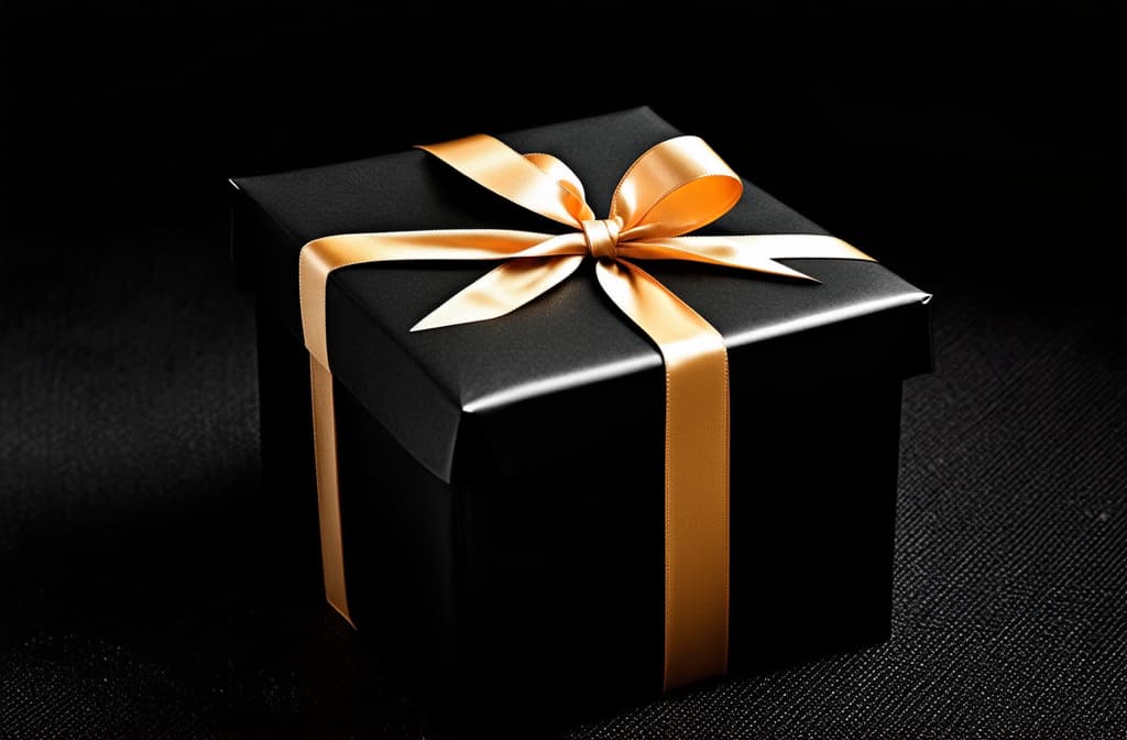  dark gift boxes with satin ribbon and bow on black background. holiday gift with copy space. ar 3:2 {prompt}, maximum details