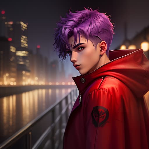  a young guy with purple hair hidden under a red hood of a red raincoat against the background of a night city