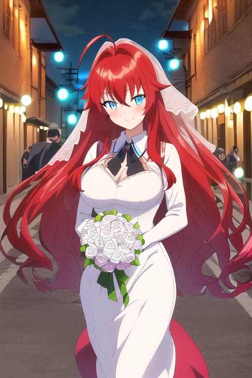  beauty,wedding dress,bouquet in hands,walking,sweet smile,blushing,masterpiece, best quality, 1women, long red hair, looking at viewer, :3, cute, black school uniform, outdoors, streets, cowboy shot, curvy, (((blue eyes))), rias gremory, red hair, antenna hair, wavy hair, ((beautiful detailed eyes, beautiful detailed glow, lots of glow)), anime screencap