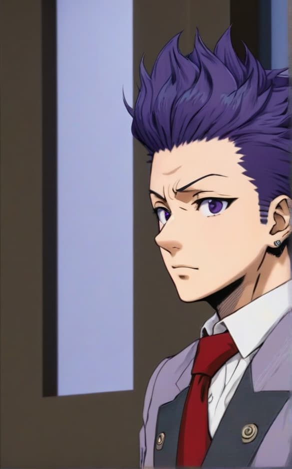  hitoshi shinsou, semi realistic, detailed, messy purple hair, 3/4ths profile, apathetic, lethargic, stoic, tired eyes, purple eyes, curious, looking at camera, interested, slight flush photo realistic, highly intricate and detailed, masterpiece, ultra high res,photography,8k resolution