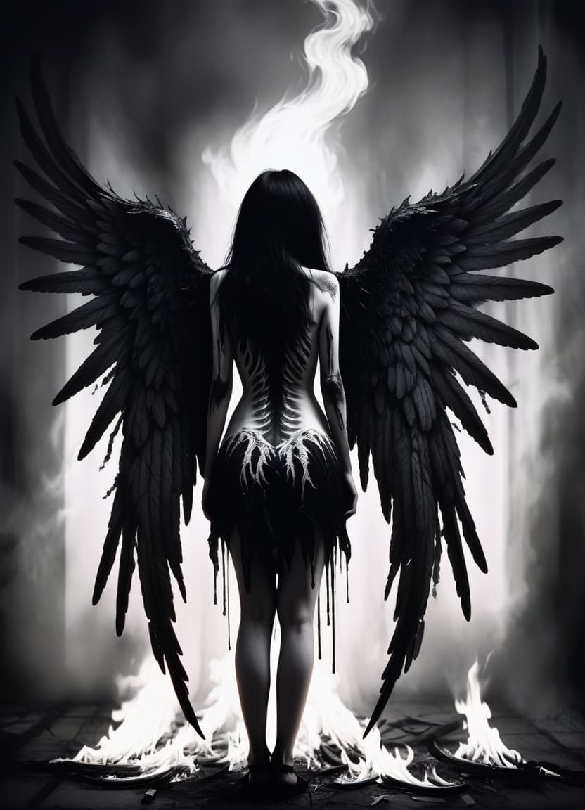  macabre style make her a fallen angel and from her back grow wings covered with black and white fire . dark, gothic, grim, haunting, highly detailed