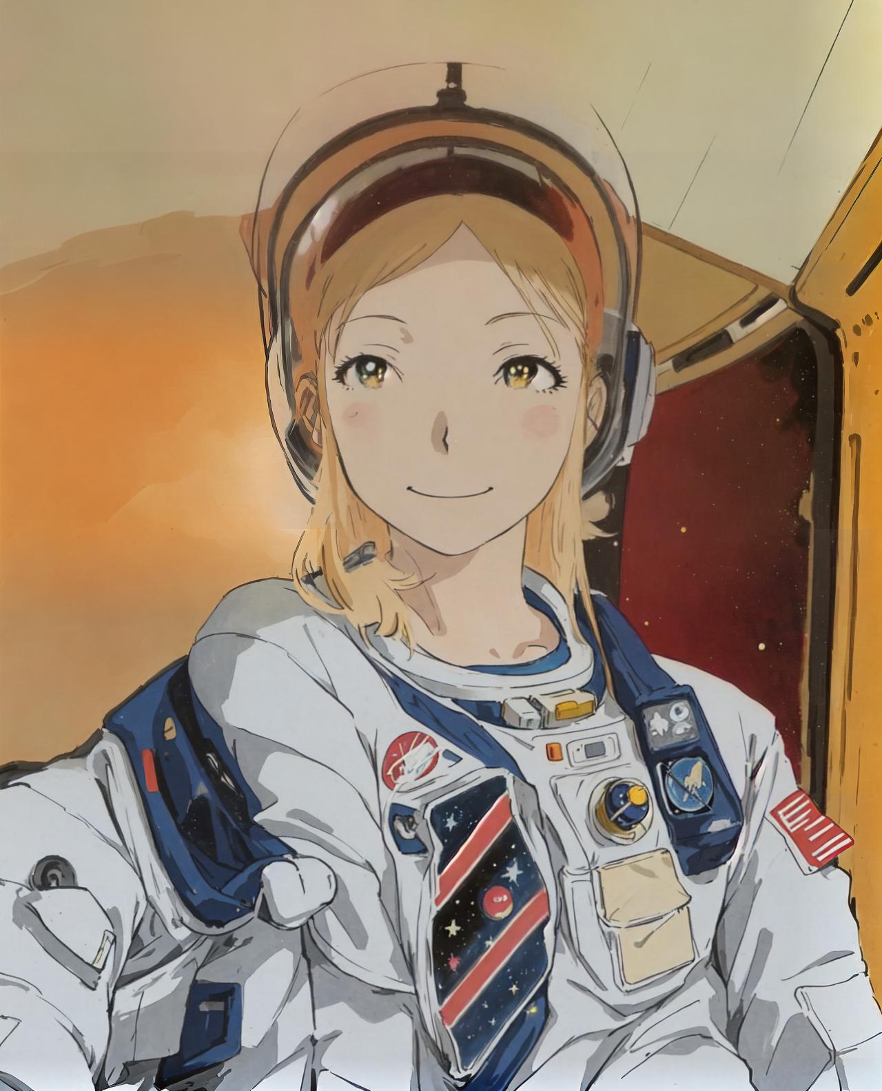  anime style, astronaut, space background, wearing space suit, comic book style, vibrant colors, detailed spaceship interior, character smiling, warm lighting