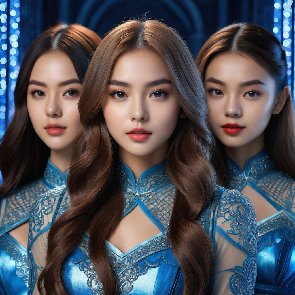  front view, masterpiece, best quality, photorealistic, raw photo, (3girls, looking at viewer with on), long hair, delicate blue filigree, intricate filigree, red metalic parts, detailed part, dynamic pose, detailed background, dynamic lighting,(textured skin:1.3) photo realistic, highly intricate and detailed, masterpiece, ultra high res,photography,8k resolution