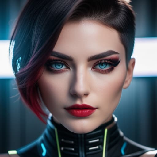  ultra realistic close up portrait ((beautiful pale cyberpunk female with heavy black eyeliner)), blue eyes, shaved side haircut, hyper detail, cinematic lighting, magic neon, dark red city, canon eos r3, nikon, f/1.4, iso 200, 1/160s, 8k, raw, unedited, symmetrical balance, in frame, 8k hyperrealistic, full body, detailed clothing, highly detailed, cinematic lighting, stunningly beautiful, intricate, sharp focus, f/1. 8, 85mm, (centered image composition), (professionally color graded), ((bright soft diffused light)), volumetric fog, trending on instagram, trending on tumblr, HDR 4K, 8K