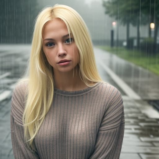  Blonde woman in the rain with a jumper