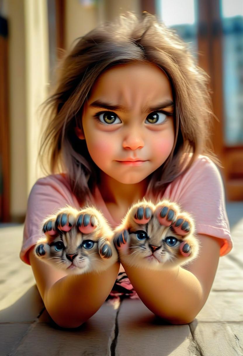  cute young woman with fluffy paws as hand and pinky claws, perfect hands, perfecteyes