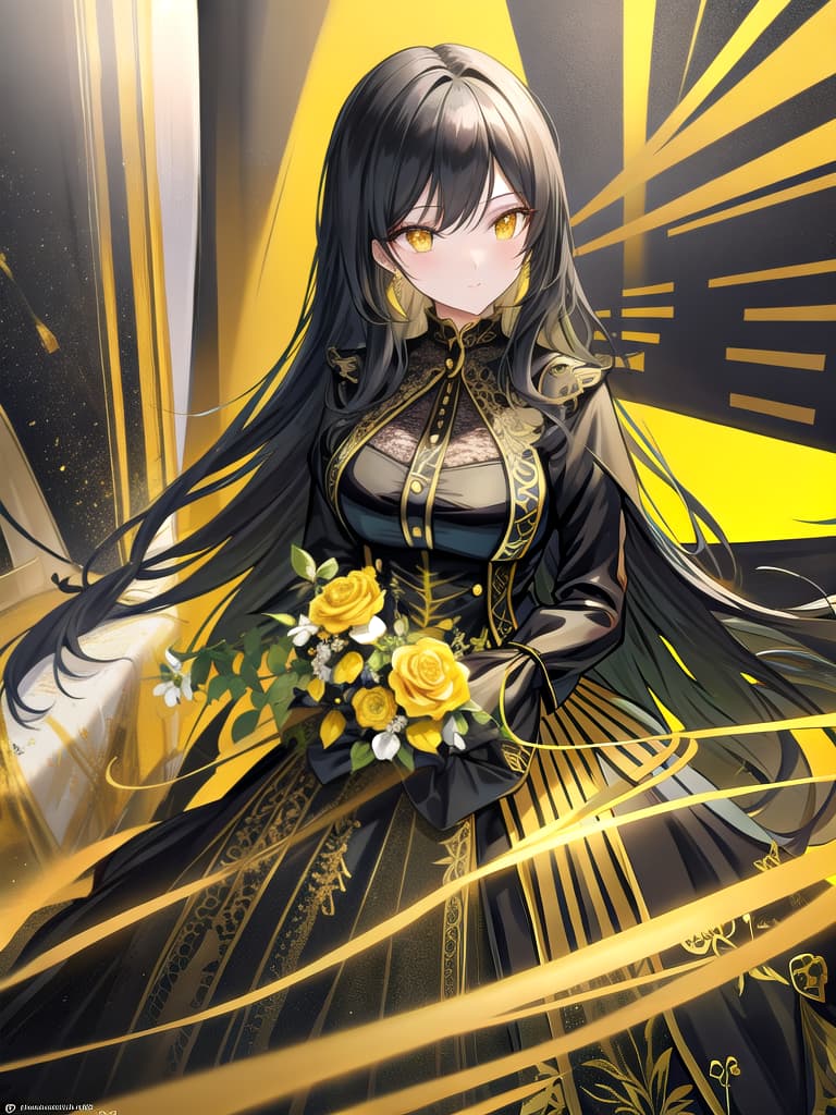  Golden yellow and sleek black color palette, captivating and inviting expression, exuding elegance and charm, magnetic beauty, intricate details, high contrast, luxurious feel, digital art, female, glossy finish, striking composition, dynamic lighting to enhance features.