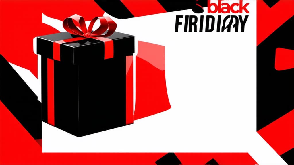  advertising style, stock photo, corporate branding style black friday advertising banner in black and red colors with gift box, copy space, black background ar 16:9 . professional, clean, modern, product focused, commercial, eye catching, minimalist, business oriented, highly detailed