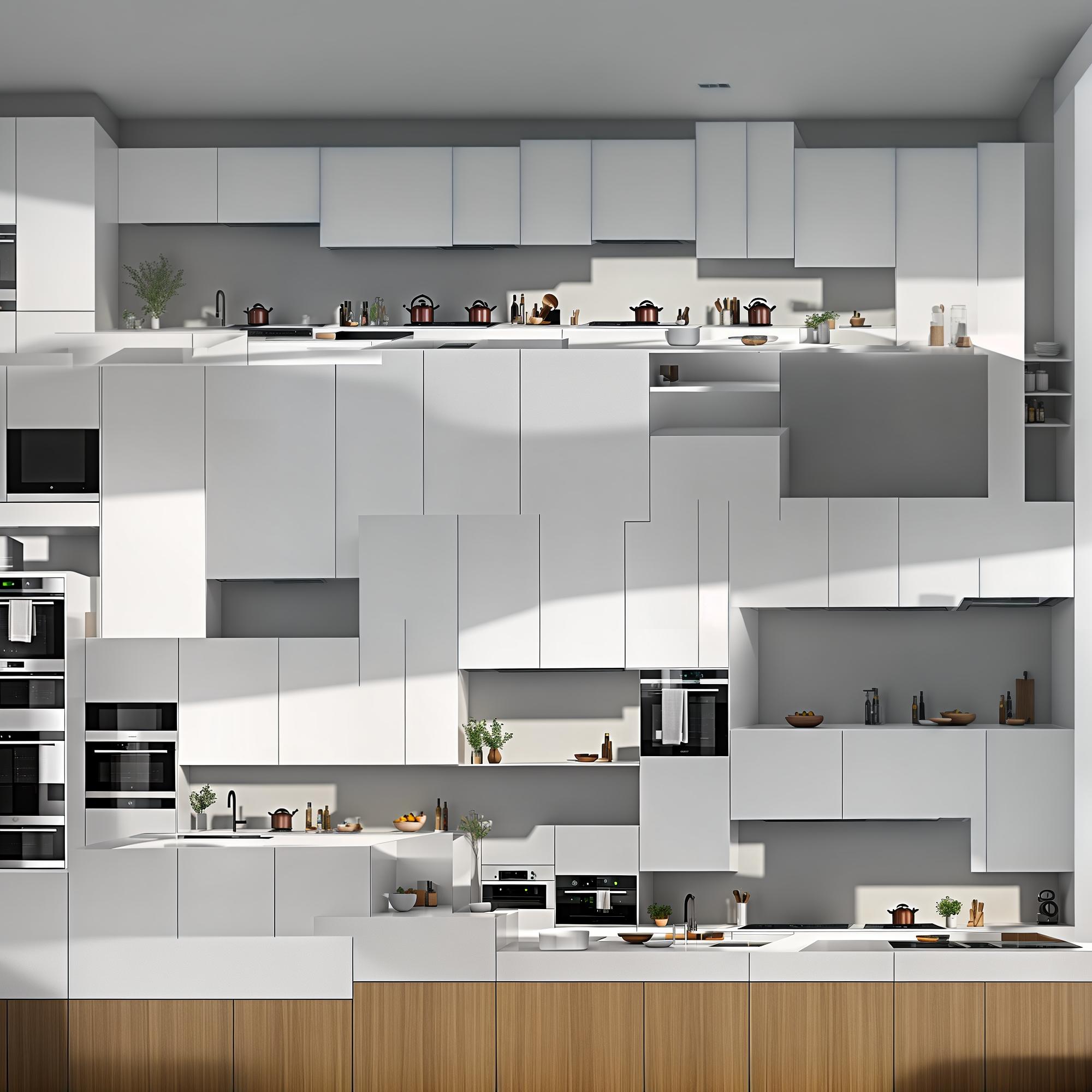  A modern and stylish kitchen interior designed by TuRum, featuring minimalist design with a combination of light and neutral colors (white, gray, wooden tones) and sleek black accents. The kitchen includes built-in appliances like an oven, microwave, and dishwasher, with spacious cabinets and pull-out systems for optimal storage. The countertops are made of high-quality materials, and the layout is either straight or L-shaped to fit small spaces. Additional elements include bottle holders, organizers, railings, and hidden hoods. The overall look is clean, functional, and elegant, with a focus on practicality and ease of maintenance. hyperrealistic, full body, detailed clothing, highly detailed, cinematic lighting, stunningly beautiful, intricate, sharp focus, f/1. 8, 85mm, (centered image composition), (professionally color graded), ((bright soft diffused light)), volumetric fog, trending on instagram, trending on tumblr, HDR 4K, 8K