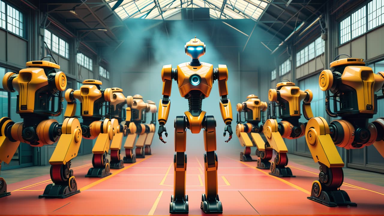  create an illustration featuring five distinct robots: an industrial robot in a factory, a humanoid robot in a home setting, a medical robot in a hospital, a drone in the sky, and an exploration robot on mars. hyperrealistic, full body, detailed clothing, highly detailed, cinematic lighting, stunningly beautiful, intricate, sharp focus, f/1. 8, 85mm, (centered image composition), (professionally color graded), ((bright soft diffused light)), volumetric fog, trending on instagram, trending on tumblr, HDR 4K, 8K