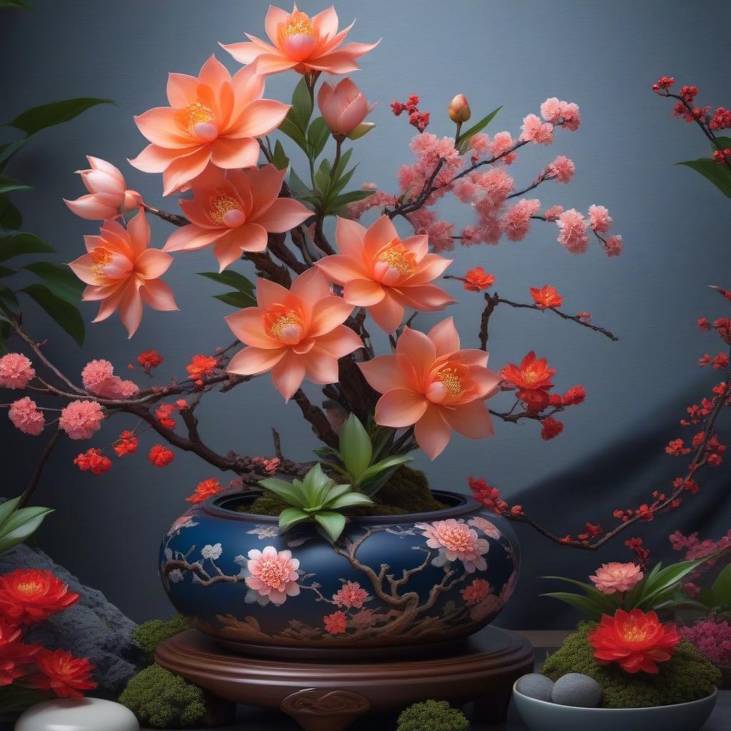  Ikebana with porcelain Chinese hyperrealistic, full body, detailed clothing, highly detailed, cinematic lighting, stunningly beautiful, intricate, sharp focus, f/1. 8, 85mm, (centered image composition), (professionally color graded), ((bright soft diffused light)), volumetric fog, trending on instagram, trending on tumblr, HDR 4K, 8K