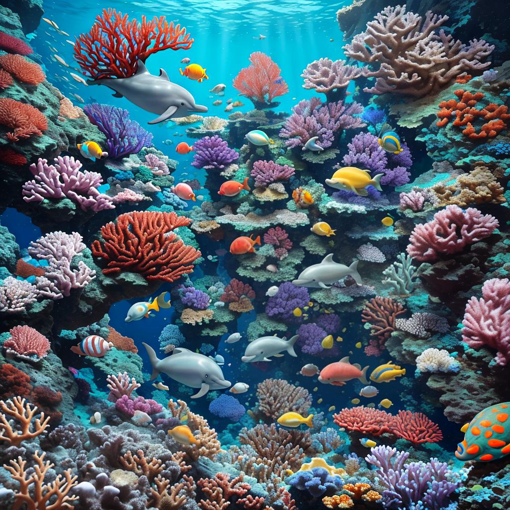  masterpiece, best quality, Most Beautiful in deep sea teeming with vibrant corals, diverse marine life, and enchanting underwater landscapes, full of corals, acrophore, small fishes, anemones, dolphin, various algaes, caves, colorful,all captured in stunning 8k resolution with intricate details.