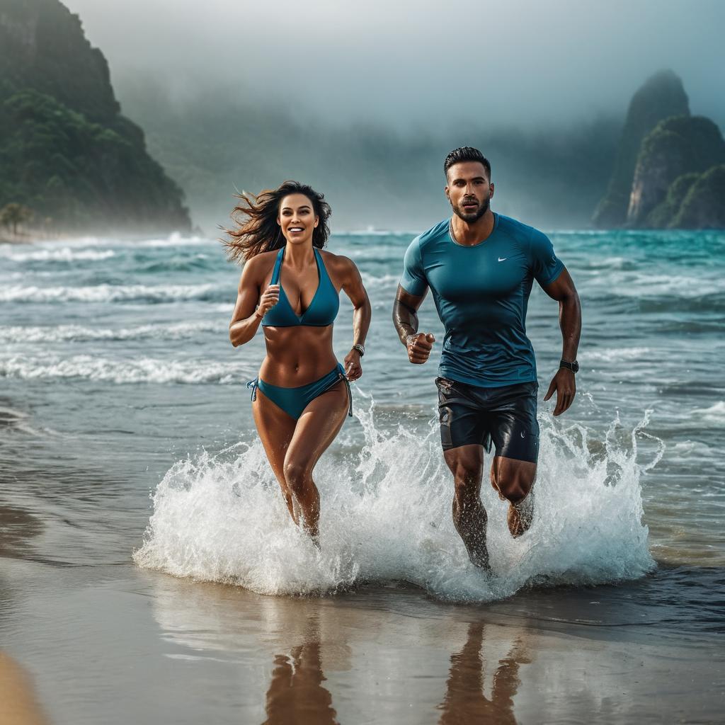  a action shot of a couple playing in the water. making splash of water. a epic landscape of a tropical brazilian beach with a man and a woman doing jogging in the water. they are running toward the camera. they have happy expression. they are playing in the water. you can feel the joy in their face enjoying the place and the moment. happy feeling hyperrealistic, full body, detailed clothing, highly detailed, cinematic lighting, stunningly beautiful, intricate, sharp focus, f/1. 8, 85mm, (centered image composition), (professionally color graded), ((bright soft diffused light)), volumetric fog, trending on instagram, trending on tumblr, HDR 4K, 8K