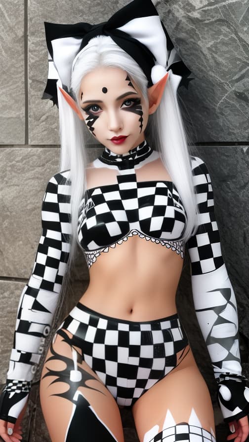  Chessboard check body paint in every corner of the body, white body paint all over the body, white face paint on the face, Elf 女性