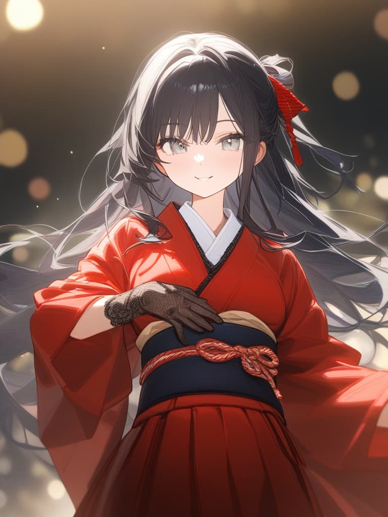  girls, cute face, frill lace, solo, hair ribbon, meiji era, kimono, hakama, black hair, black lace gloves, red kimonos, long hair, white eyes, young face, smile, masterpiece, best quality,8k,ultra detailed,high resolution,an extremely delicate and beautiful,hyper detail