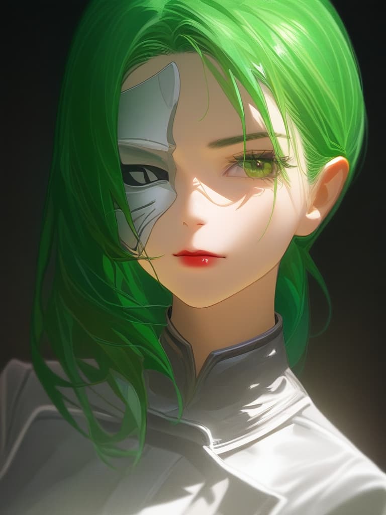  portrait view of a anime women,full white militar uniform hat,half face,joker mask,women face,photorealistic anime style,giger style,pop art tendencies,strong facial expression,(((green hair))),professional illustration,bold colors,chiaroscuro,beautiful shades,intense close ups,bright and glossy surface textures,octane render,zbrush ar 1:1 s 750